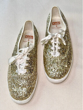 Keds x Kate Spade Champion Gold Glitter Sneakers Satin Laces Women’s 9.5